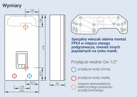 Elektryczny podgrzewacz wody Kospel PPE4.M-17/18/21/24.PL Przepływowy ciśnieniowy z wyświetlaczem LCD