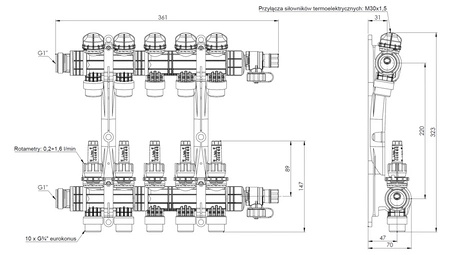 Afriso ProCalida EF1 K Rozdzielacz do ogrzewania płaszczyznowego, 5 obiegów, G1", 0,2÷1,6 l/min