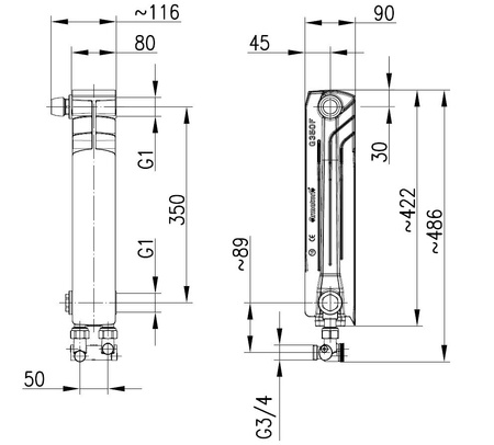 Element lewy żebro grzejnika 878-182-44 KFA G350F/D/1 z dolnym zasilaniem krzyżowym z zespołem przyłączeniowym kątowym